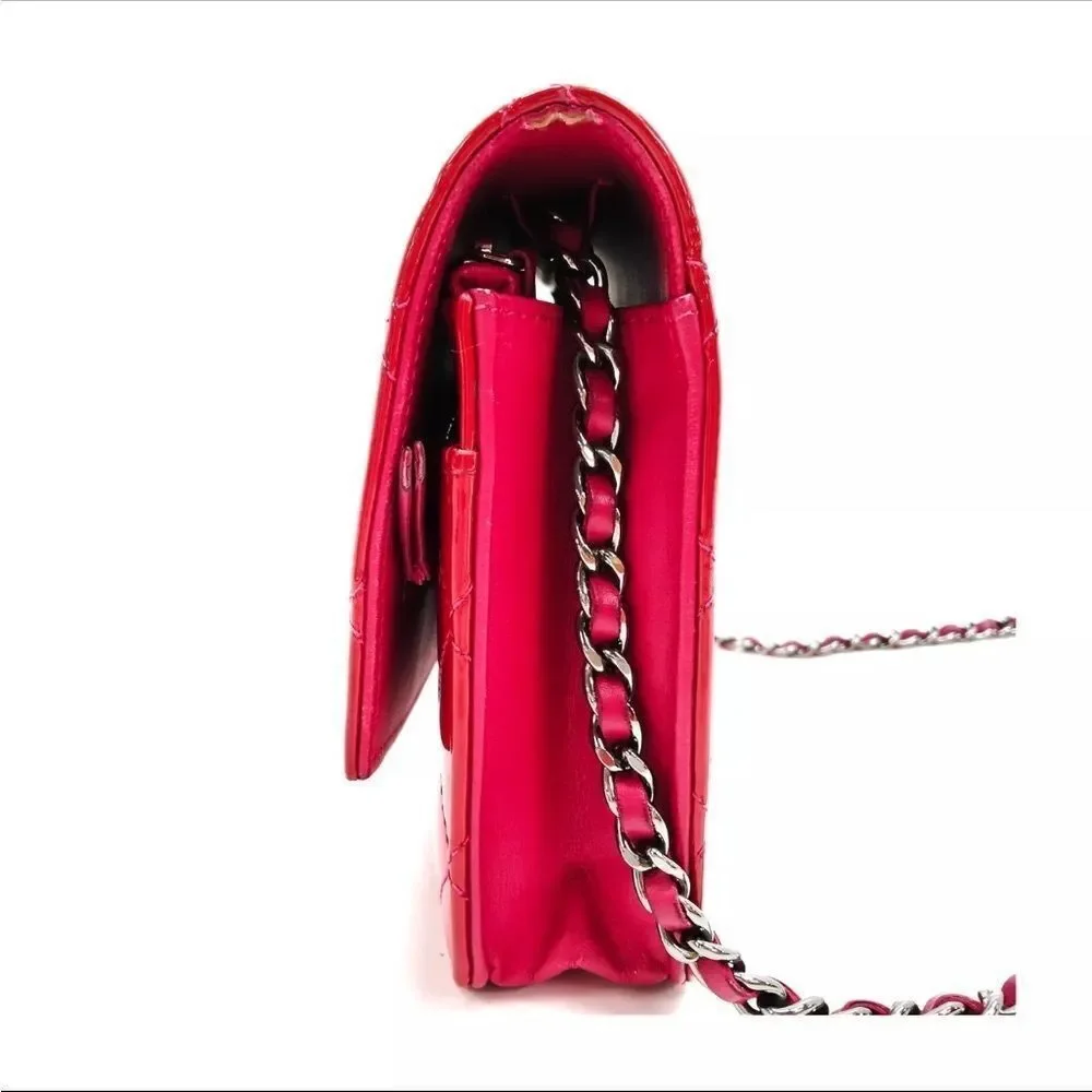Auth Chanel Brilliant Pink Quilted Patent Leather Wallet on Chain (WOC) Clutch